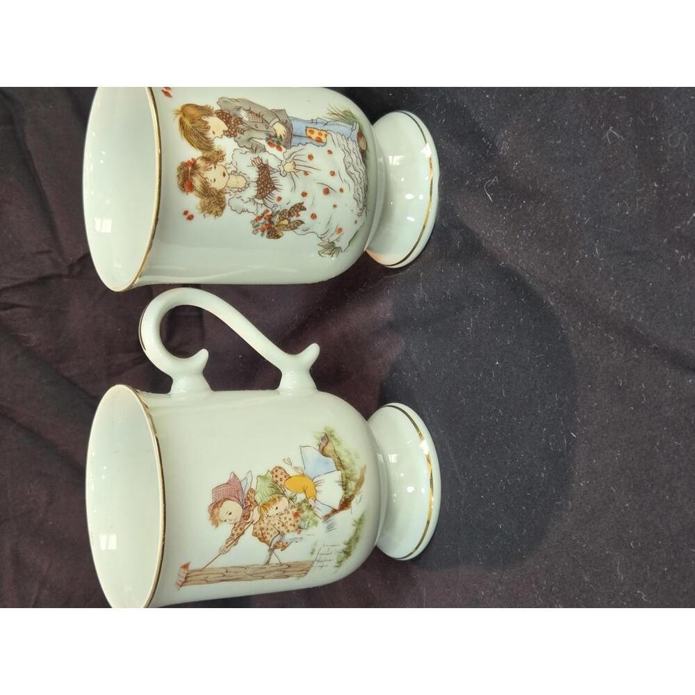 Vintage Tiffany Porcelain Mugs with Whimsical Child Illustrations